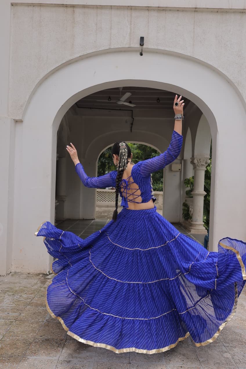 Prazu Fashion Blue Georgette Leheriya Print Work With Mirror Lace Navratri Lehenga