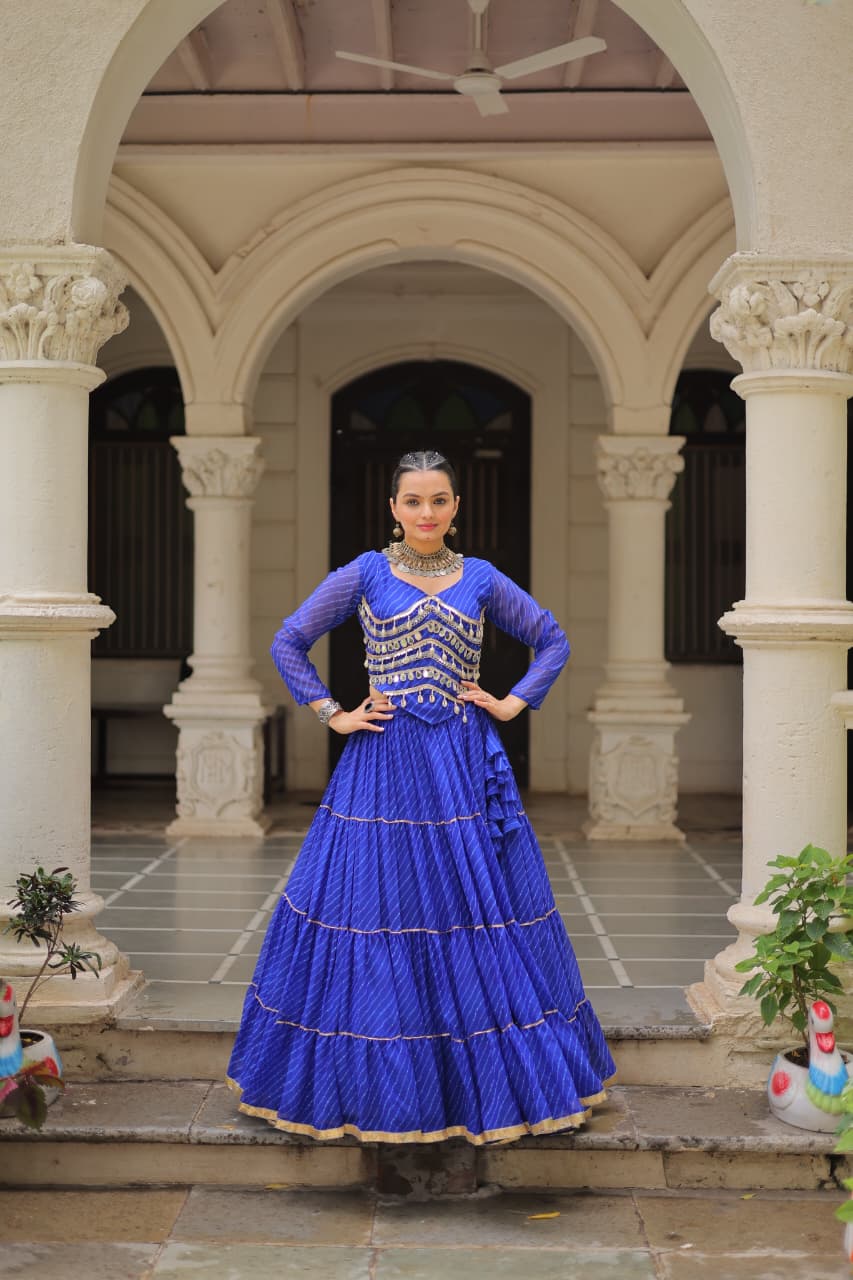 Prazu Fashion Blue Georgette Leheriya Print Work With Mirror Lace Navratri Lehenga