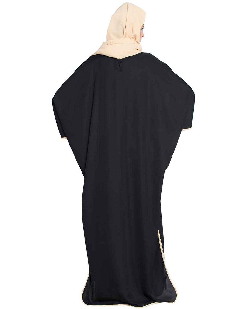 Bashariya Elegant Kaftan Abaya In Free Size With Contrast Detailings-Black Fawn