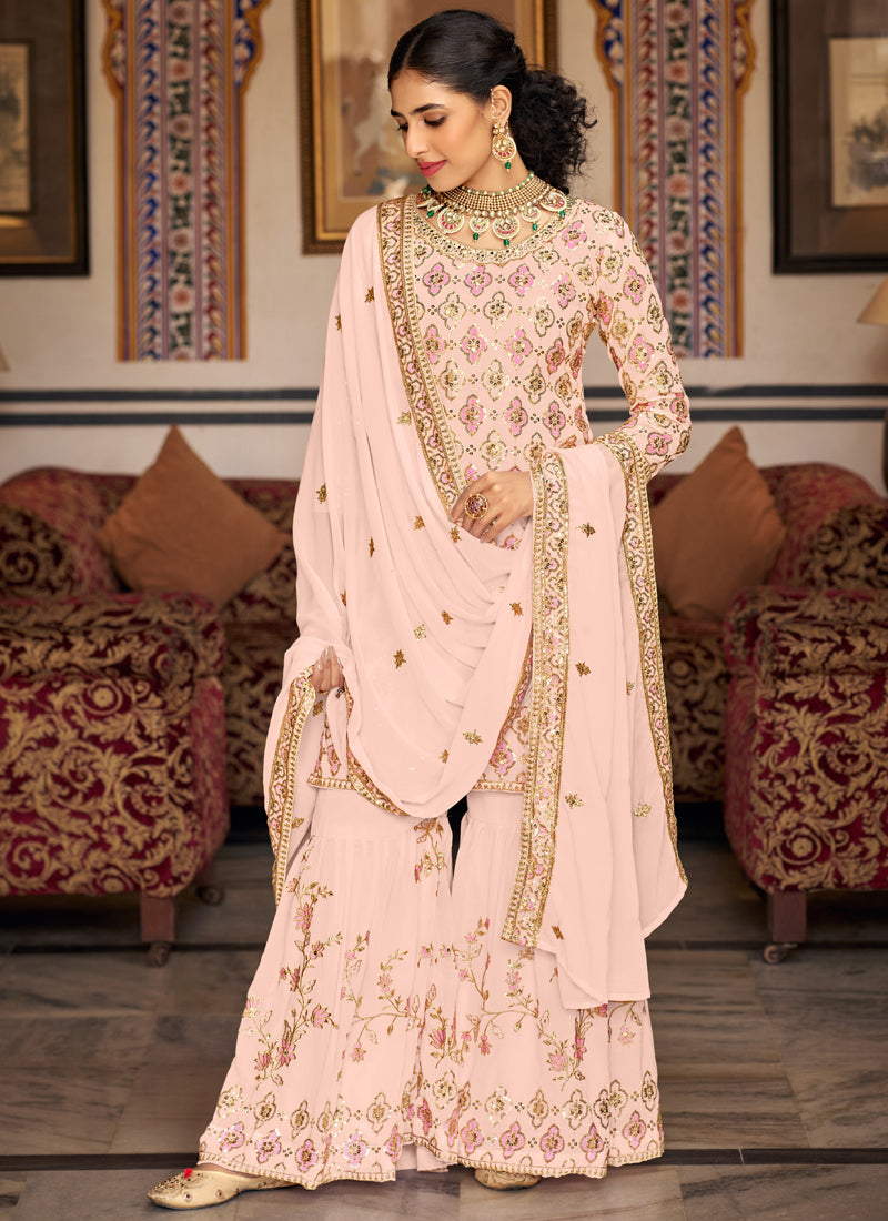 Vegaa Fashion Light Peach Georgette Ebroidered Designer Sharara Suit
