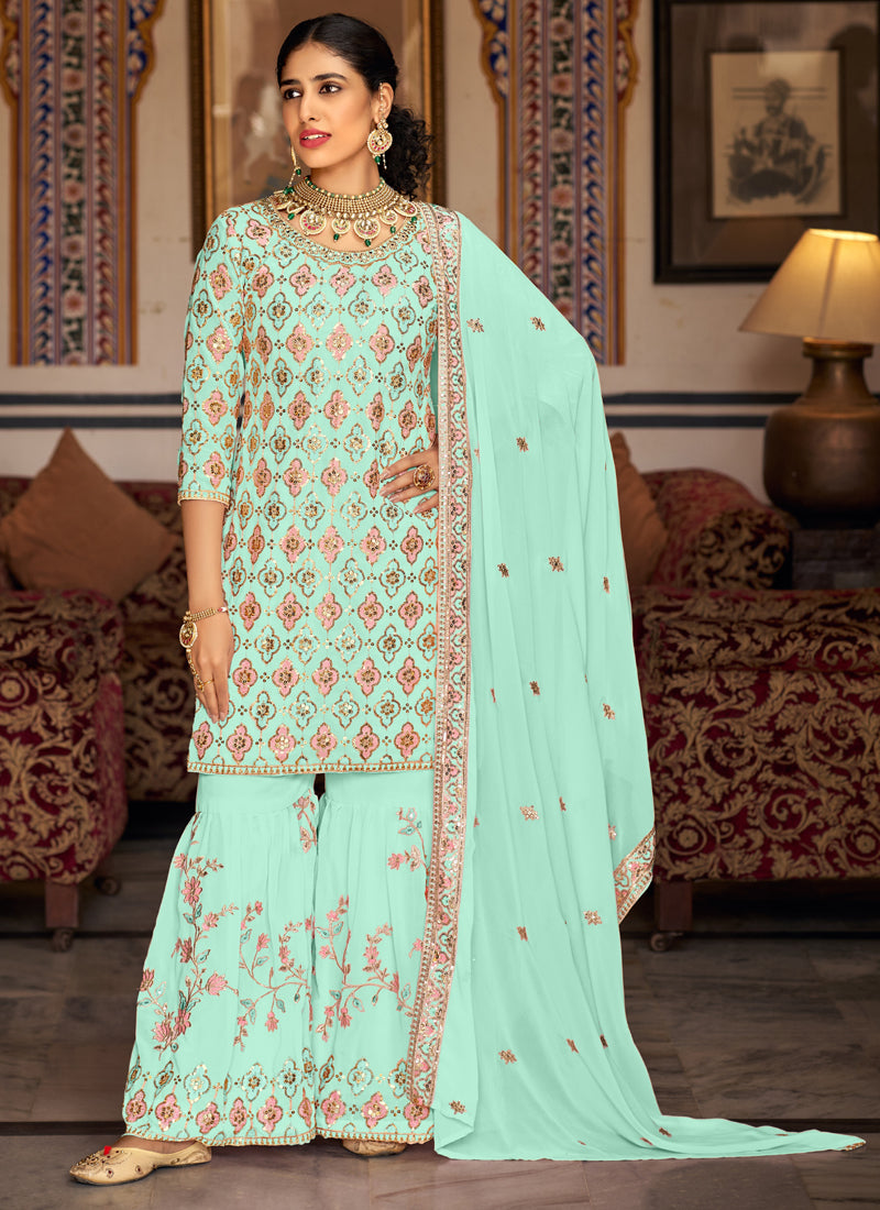 Vegaa Fashion Bottel Green Georgette Ebroidered Designer Sharara Suit