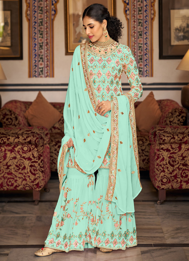 Vegaa Fashion Bottel Green Georgette Ebroidered Designer Sharara Suit