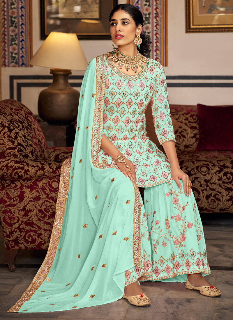 Vegaa Fashion Bottel Green Georgette Ebroidered Designer Sharara Suit