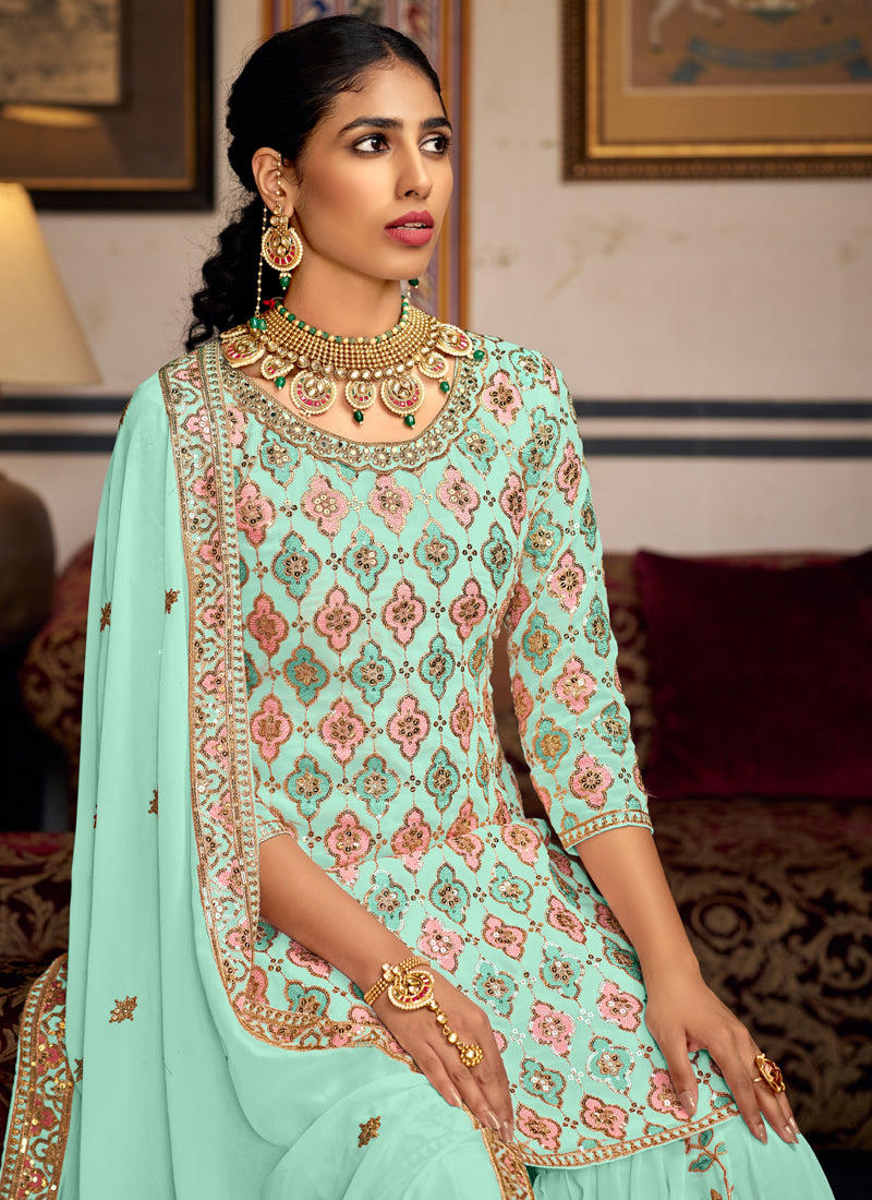 Vegaa Fashion Bottel Green Georgette Ebroidered Designer Sharara Suit