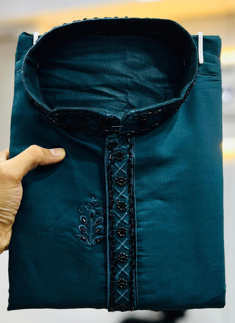 Prazu Fashion Royal Blue Roman Silk Handwork Kurta With Pajama