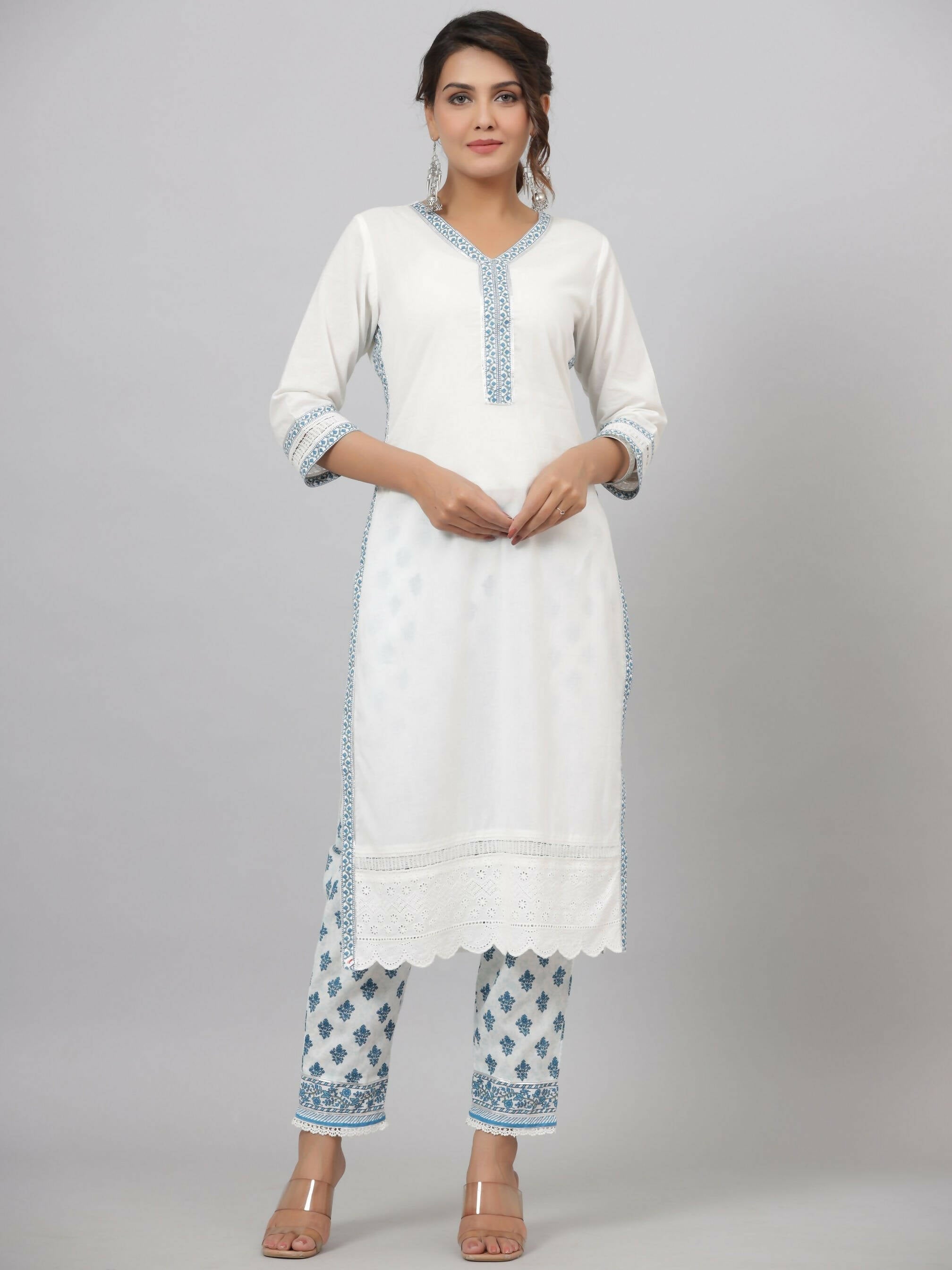 Juniper Women's White Cotton Cambric Solid Kurta Floral Printed Pant & Dupatta Set