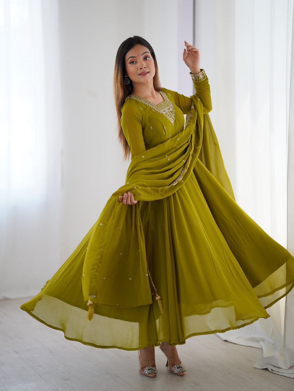 Lehenga Mart Designer Anarkali Suit for Women or Girls - Mahendi Green
