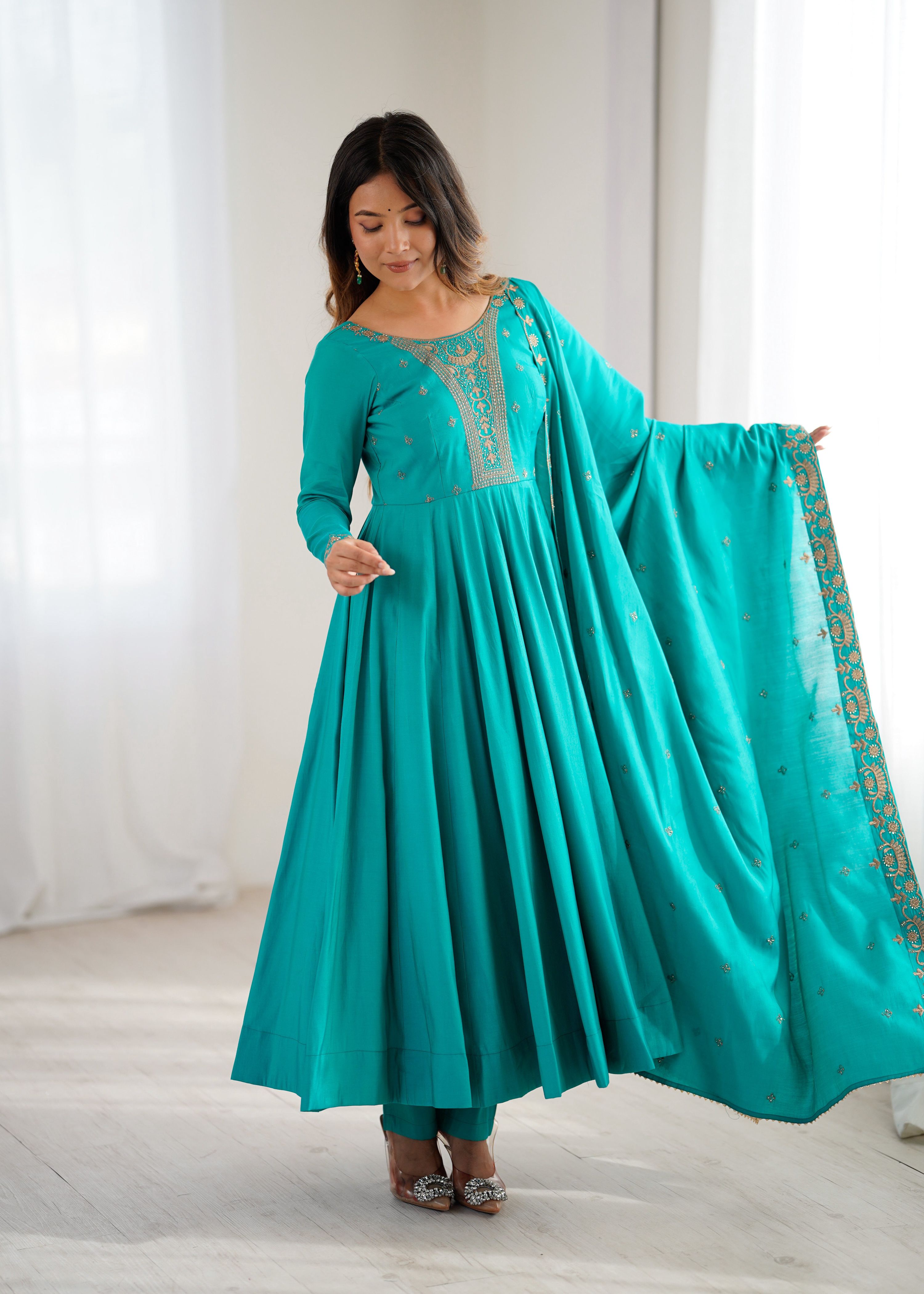 Lehenga Mart Designer Anarkali Suit Ready To Wear Kurta Pant With Dupatta For Women-Rama Green