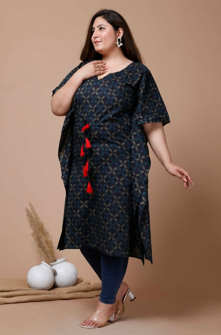 Miravan Women's Plus Size Navy Blue Printed Flared Sleeves Kaftan