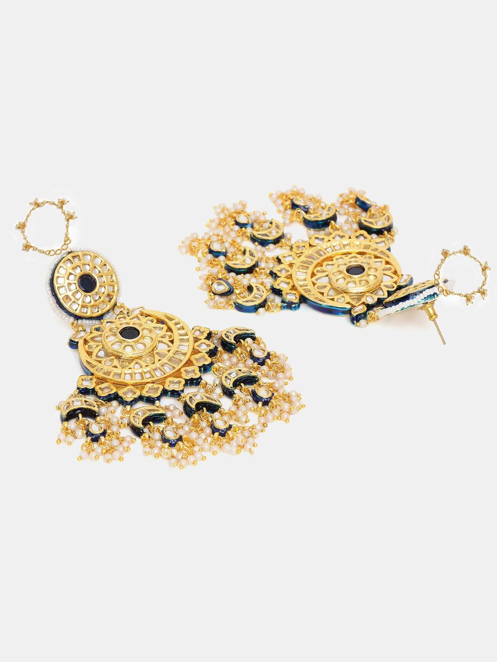 Ruby Raang 22k Gold Polished Kundan Chand Earrings With Ear Chains
