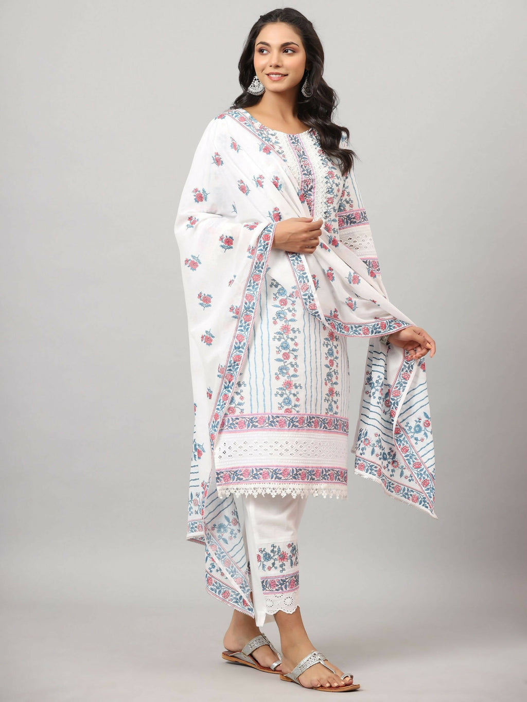 Juniper Women's Off-White Cambric Printed Stright Kurta Sets