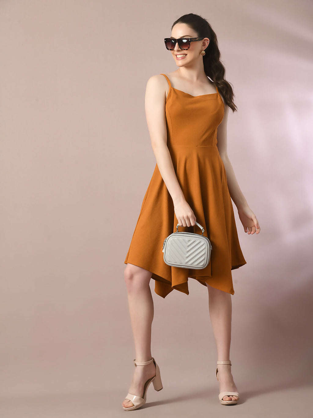 Myshka Women's Mustard Solid Shoulder Straps Fit and Flare Party Dress