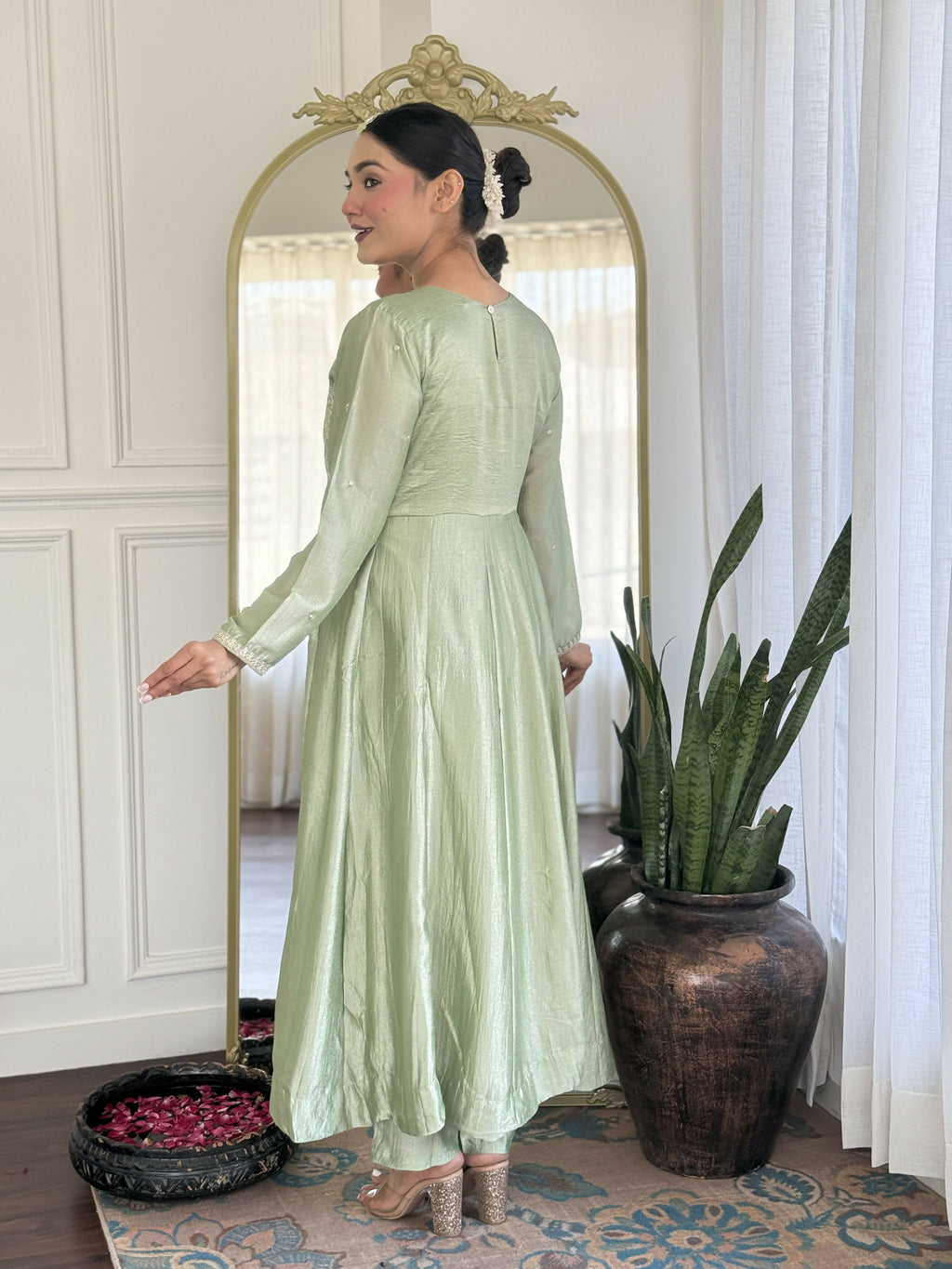 The52 Pista Women's Gorgeous Embroidered Vichitra Silk Fabric Flared Kurta Pant with Dupatta Set