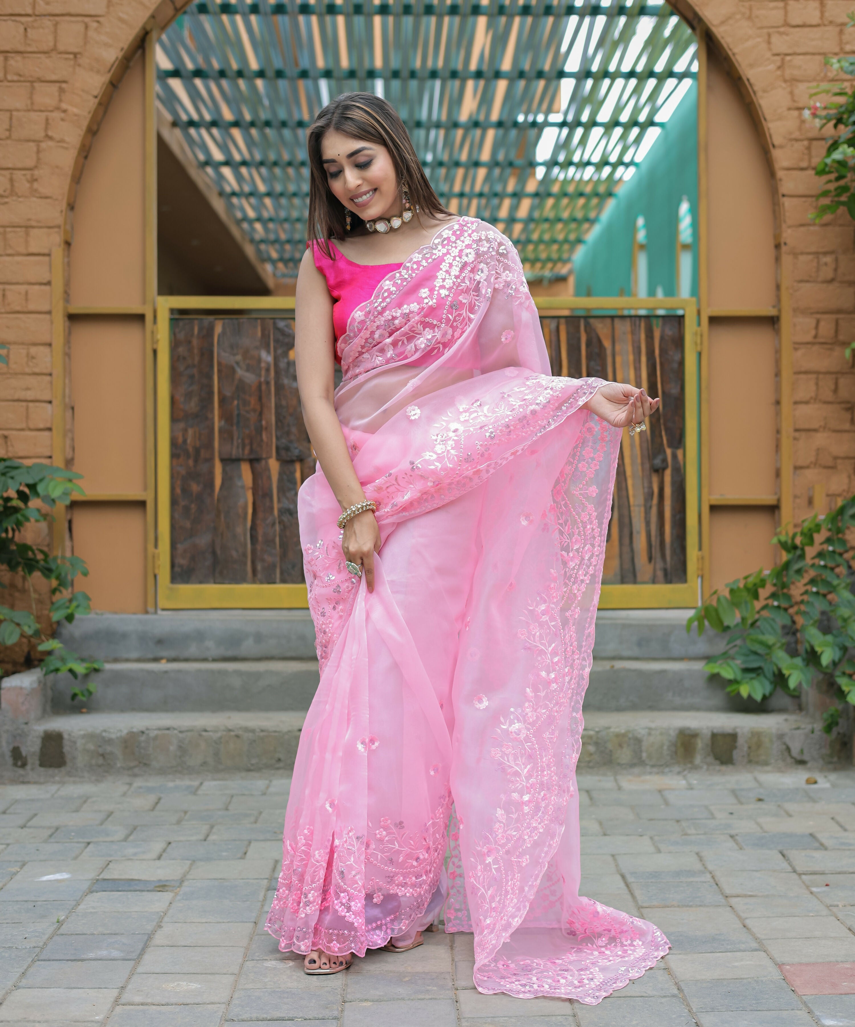Vamsee Kiki Baby-Pink Organza Saree