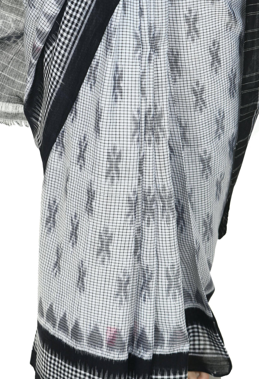 Vamika Sambalpuri Ikat Cotton Dehabandha White & Black Checks Saree