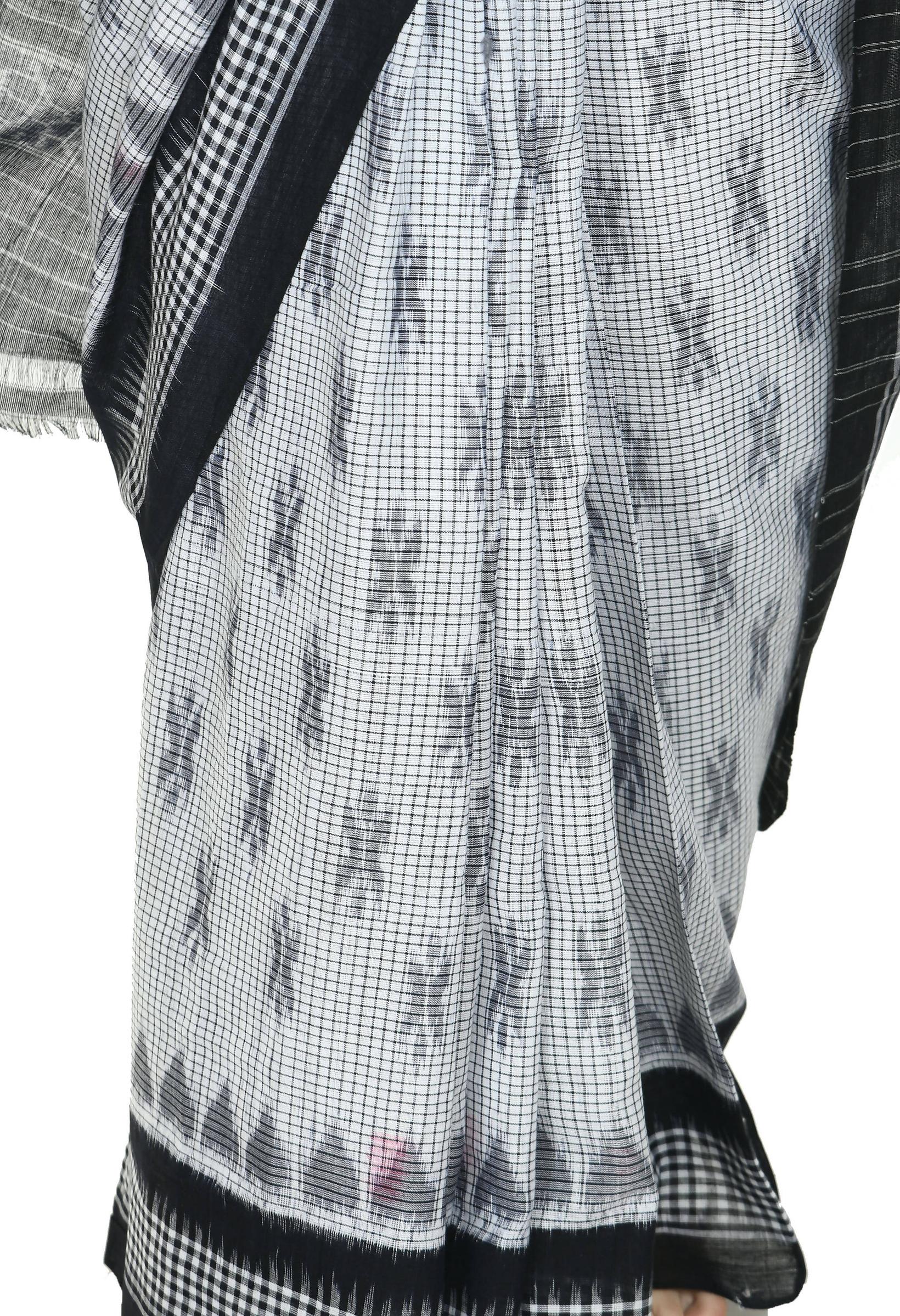 Vamika Sambalpuri Ikat Cotton Dehabandha White & Black Checks Saree
