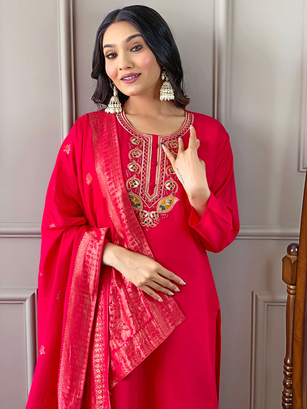Partywear Designer Viscose Chanderi Red Stitched Suit With Dupatta - Anbazaar