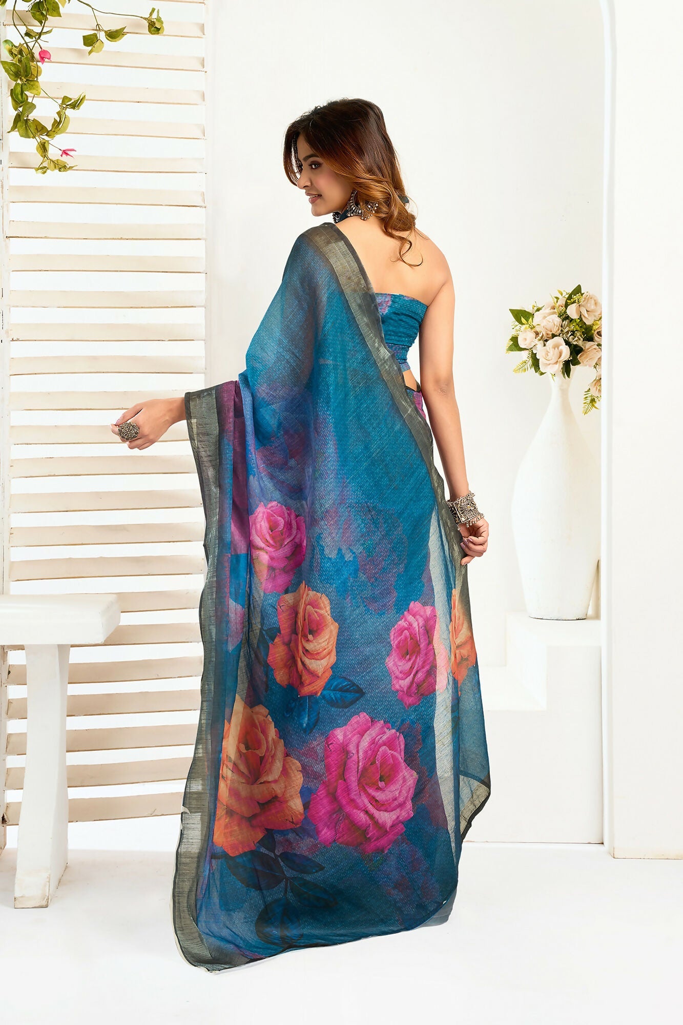 Vastranavya Teal Digital Printed Linen Ready To Wear Designer Saree with Unstitched Blouse