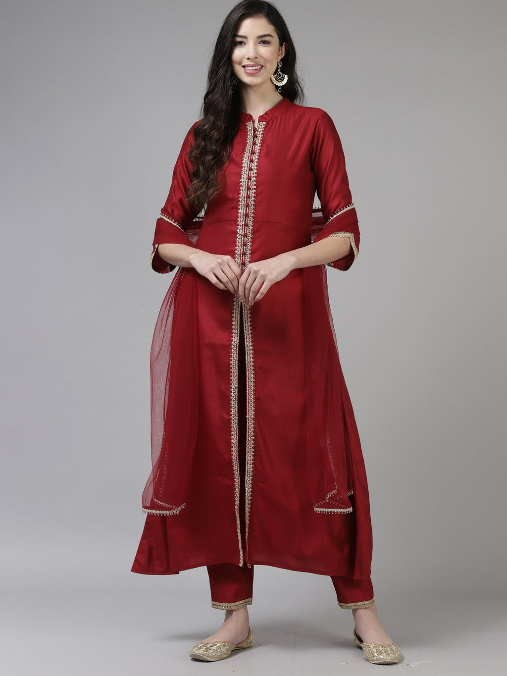 Indo Era Red Embroidered Straight Kurta Trouser With Dupatta Set