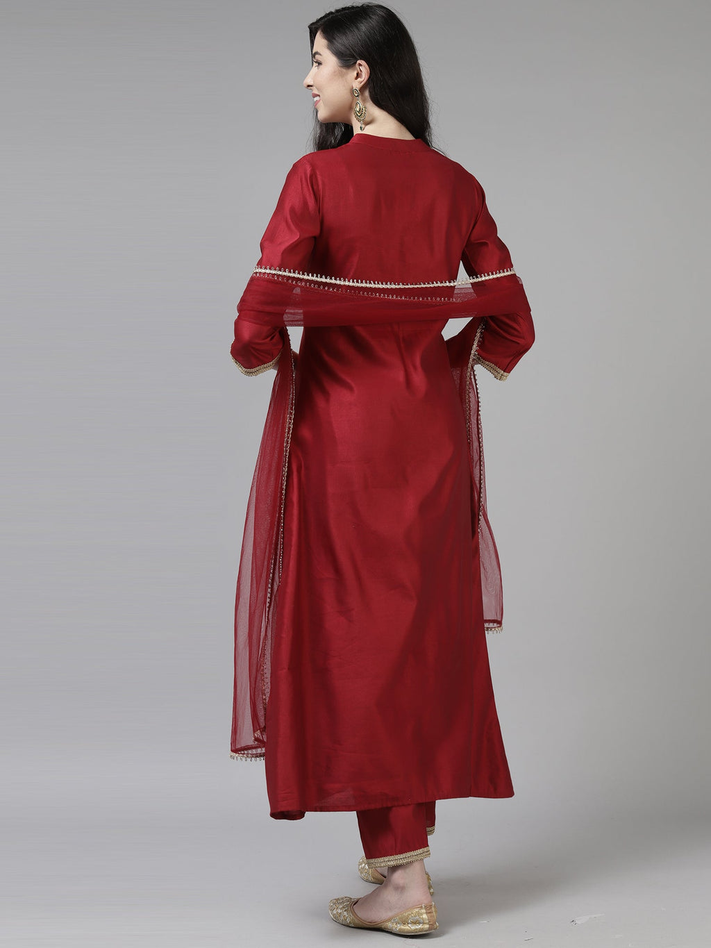 Indo Era Red Embroidered Straight Kurta Trouser With Dupatta Set