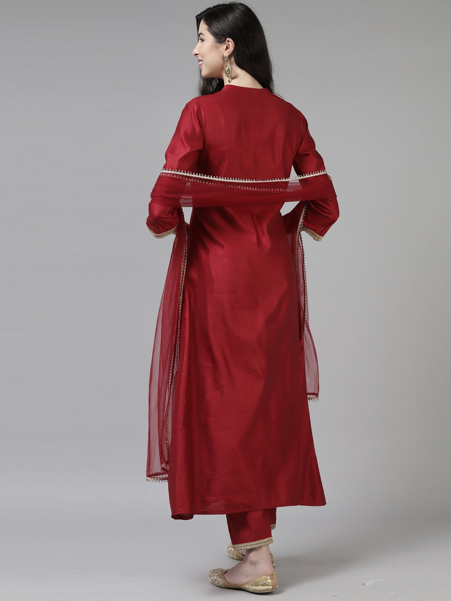 Indo Era Red Embroidered Straight Kurta Trouser With Dupatta Set