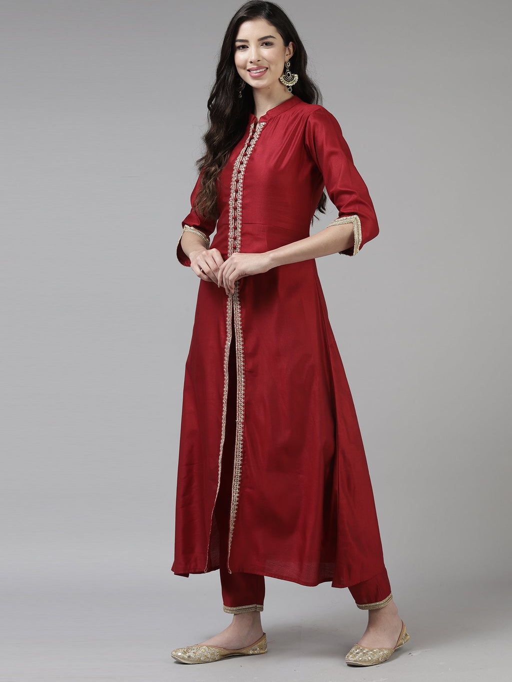 Indo Era Red Embroidered Straight Kurta Trouser With Dupatta Set