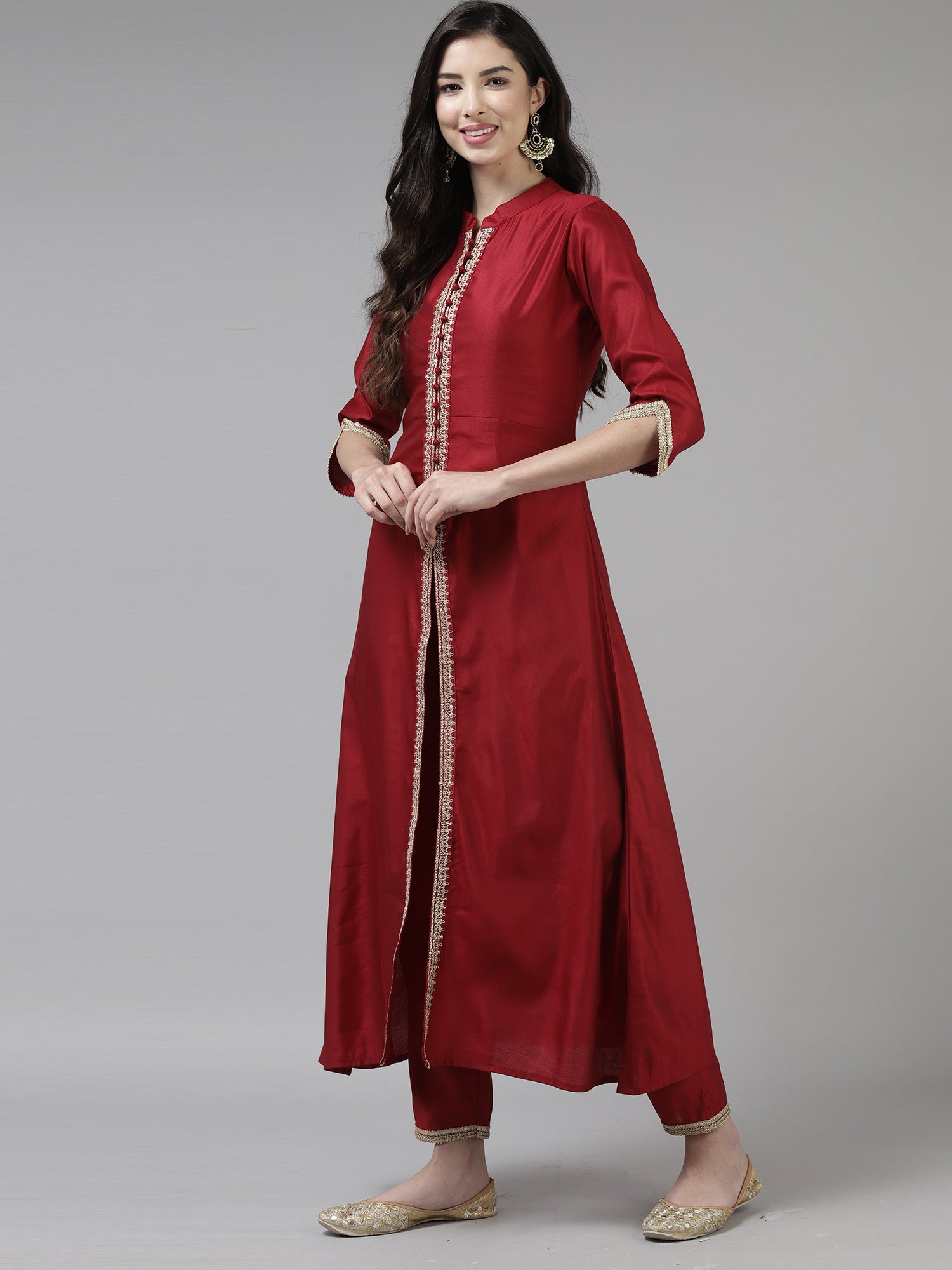 Indo Era Red Embroidered Straight Kurta Trouser With Dupatta Set