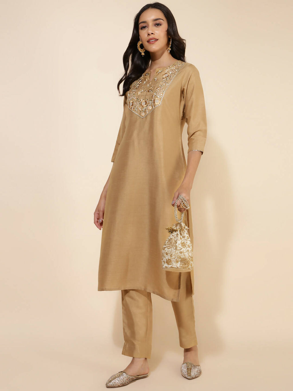 Janasya Women's Gold Crepe Silk Yoke Embroidery Festive Straight Kurta Set