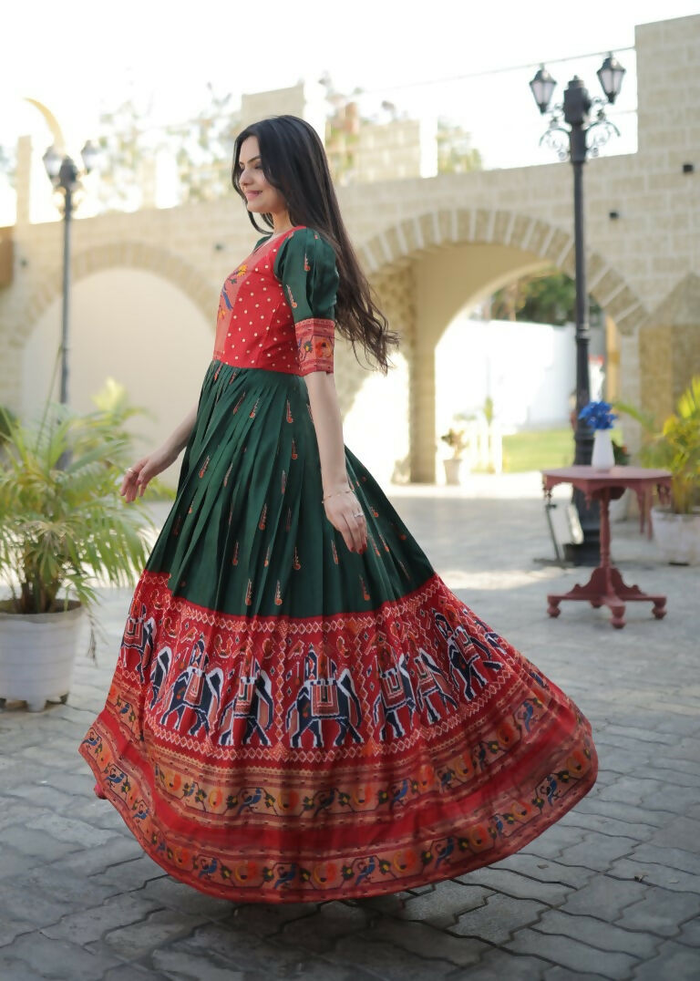 Jyoti Fashion Women's Bottle Green Patola with Foil Print Dola Silk Anarkali Dress