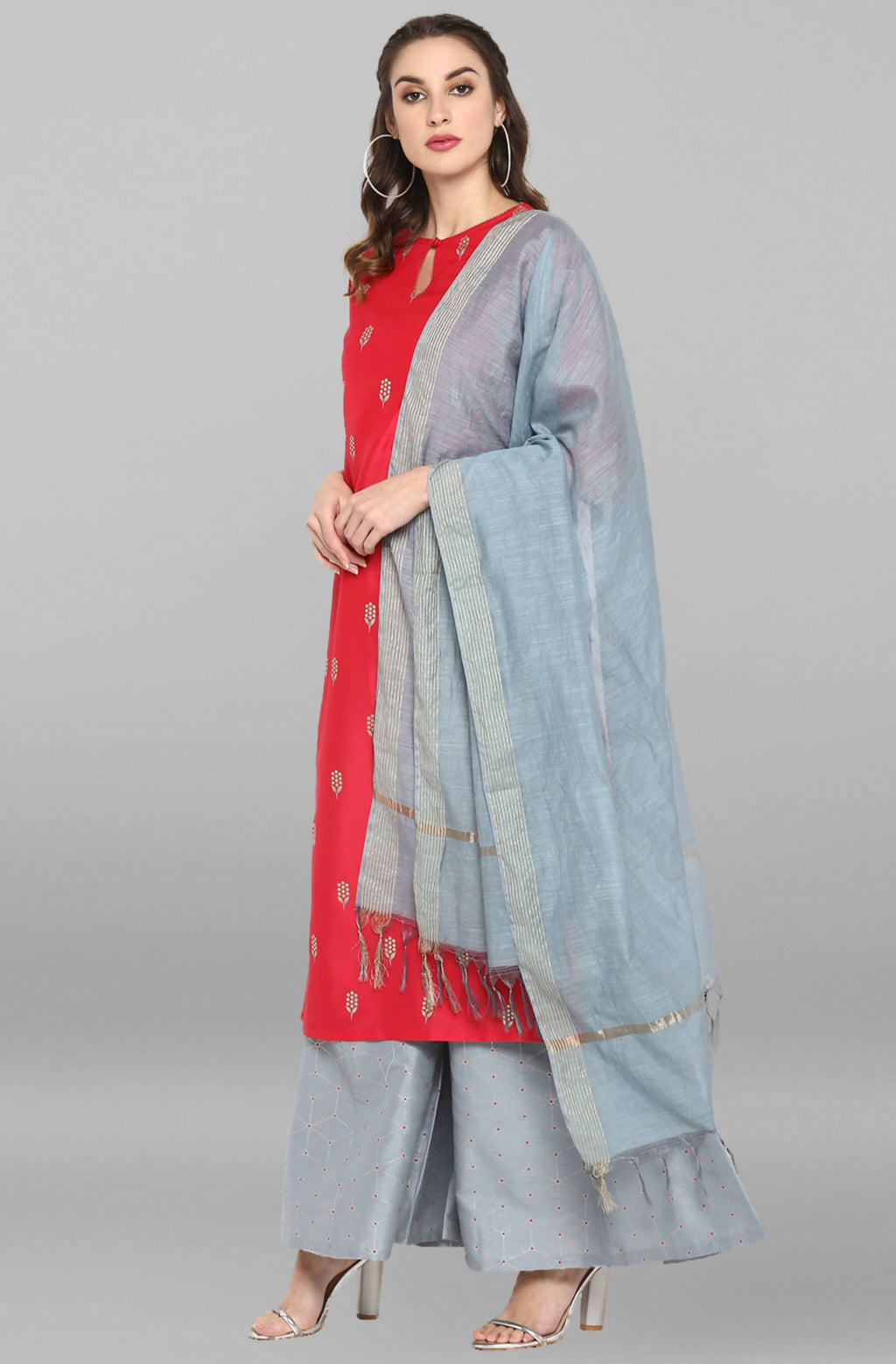 Janasya Women's Blue Cotton Floral Print Top With Palazzo