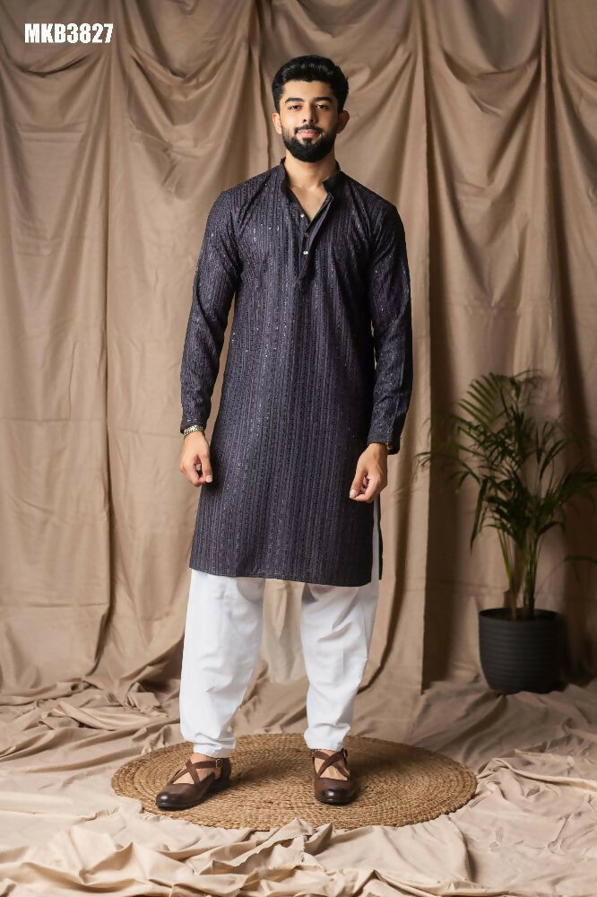 Dark Grey Rayon Thread Embroidery Work Kurta Set - Mahotsav