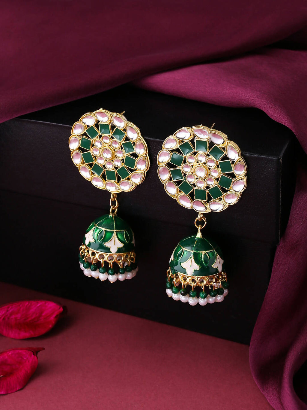 NVR Women Gold-Polished Green Dome Shaped Meenkari Jhumkas Earrings