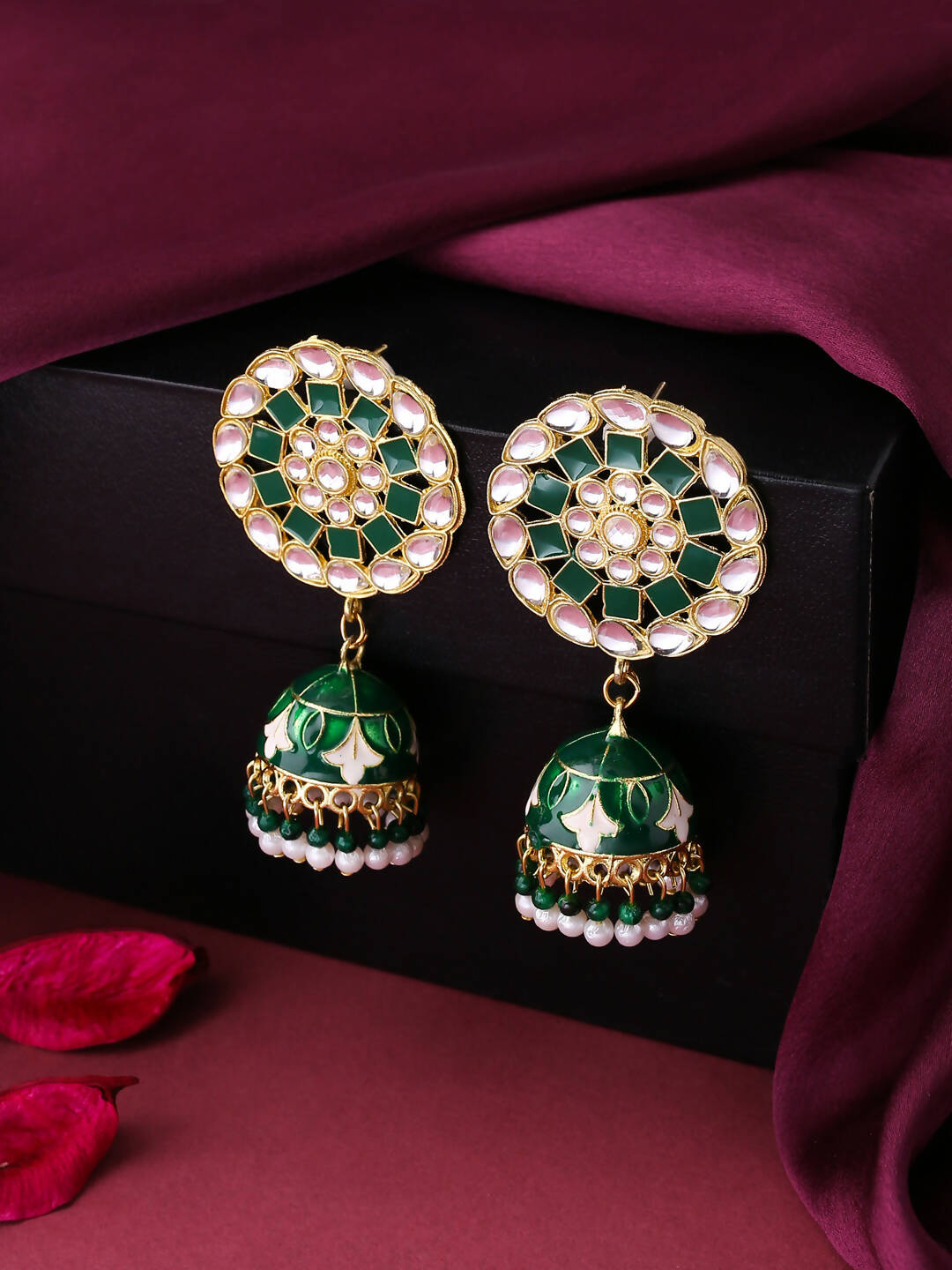 NVR Women Gold-Polished Green Dome Shaped Meenkari Jhumkas Earrings