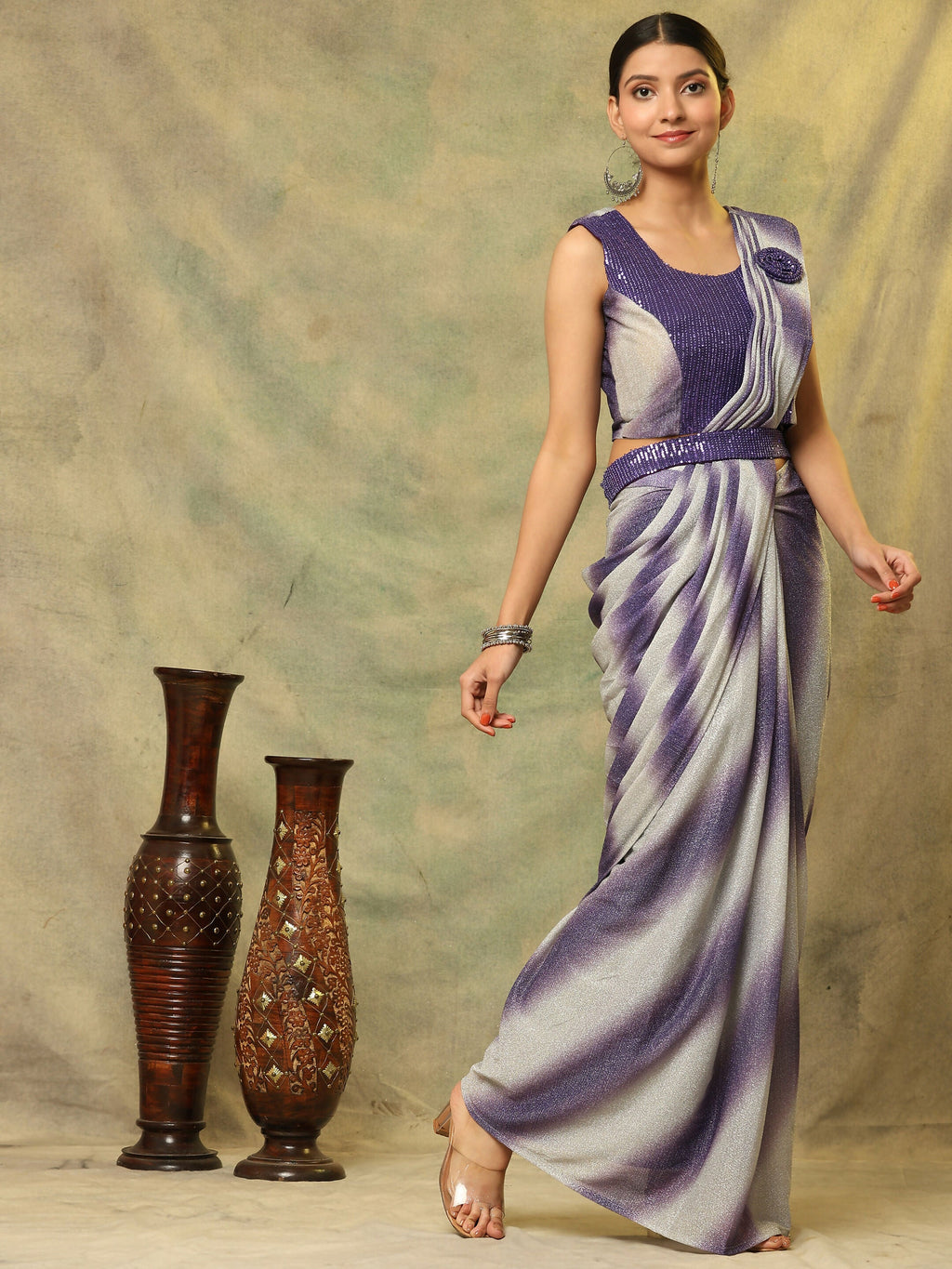 Purple Polyester Solid Ready to Wear Saree with stitched Blouse - Aayan