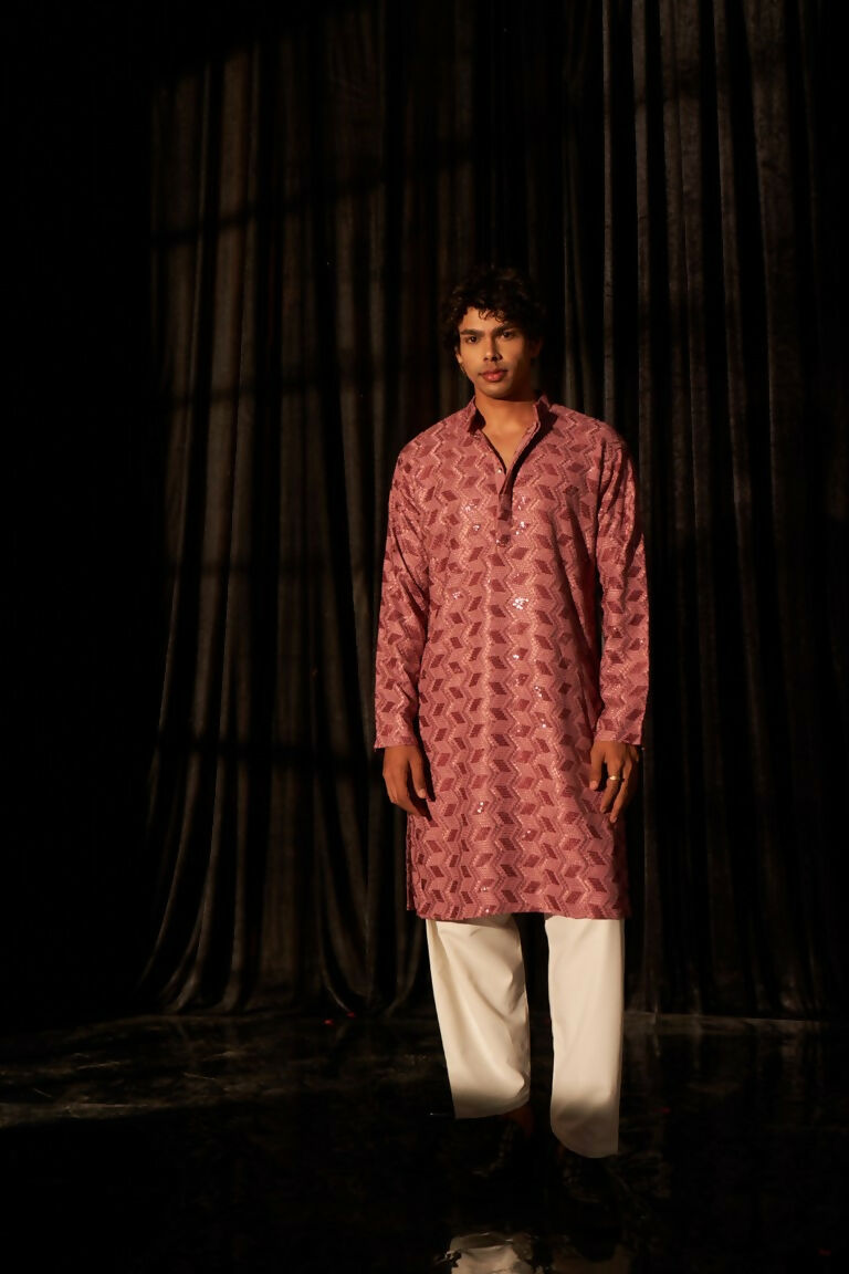 Pink viscose Chikankari Embroidery Work Men's Traditional Kurta Set - Mahotsav
