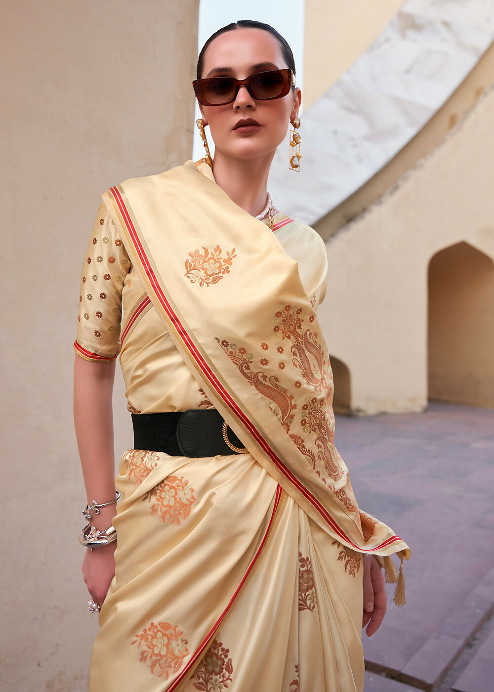 Buttermilk Beige Pure Satin Zari Weaving Wedding Festive Saree - Emponline
