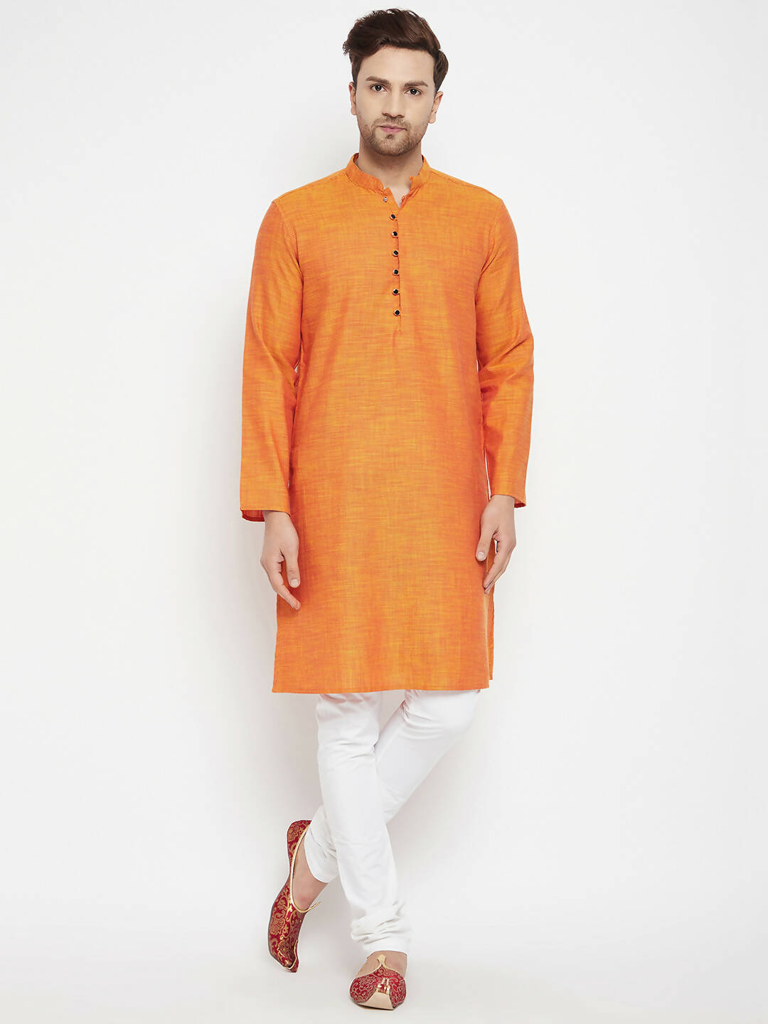 Even Apparels Orange Pure Cotton Long Men's Kurta With Band Collar