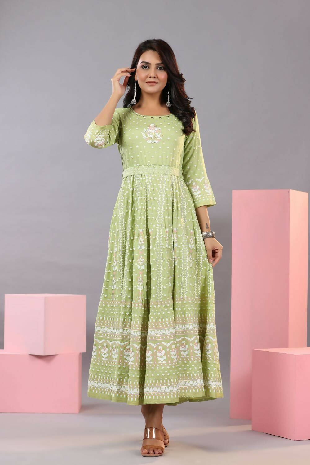 Juniper Women Green Rayon Staple Printed Maxi Dress