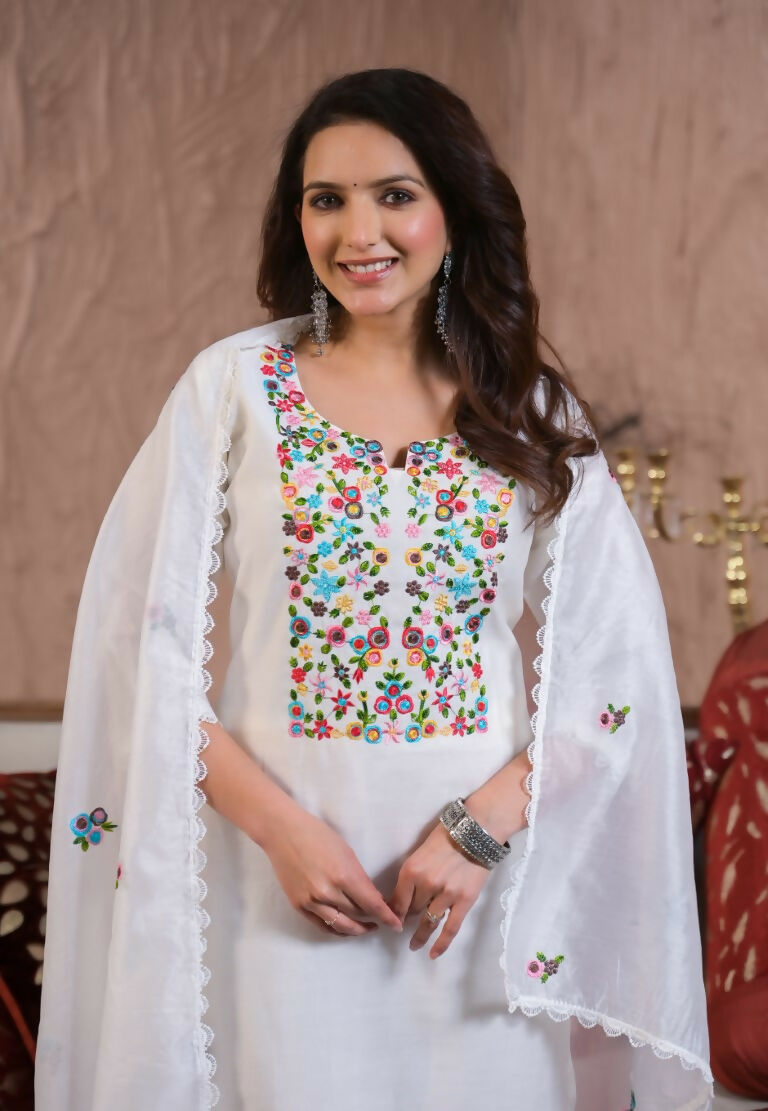 Ethnic Festive Wear Chanderi with Cotton Lining White Stitched Suit With Dupatta - Tanisha