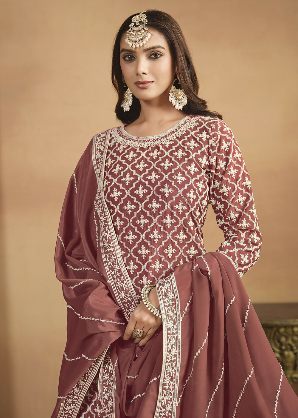 Chinnon Peach Multicolor Embroidered Lehenga Style Suit - Emponline