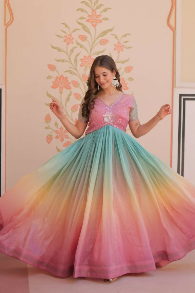 Vastranavya Lavender Gold Crush Padding With Beads Embroidered Work Gown
