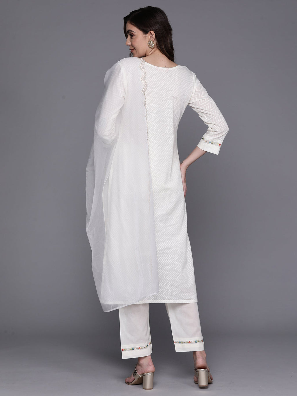 Indo Era White Embroidered Straight Kurta Trousers With Dupatta Set