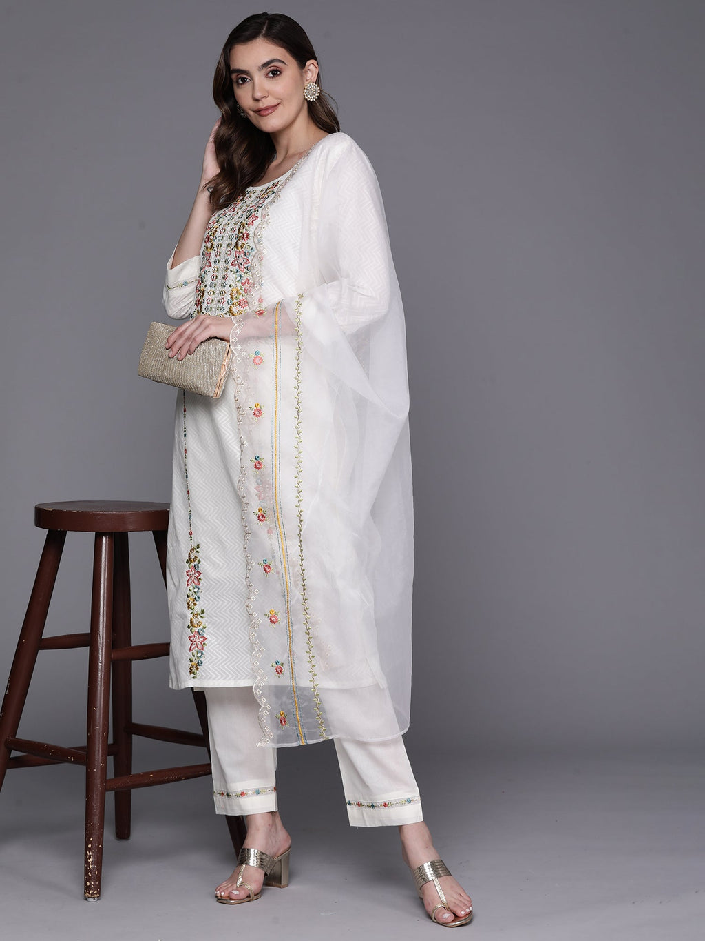 Indo Era White Embroidered Straight Kurta Trousers With Dupatta Set