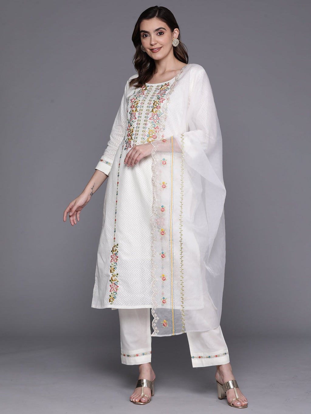 Indo Era White Embroidered Straight Kurta Trousers With Dupatta Set