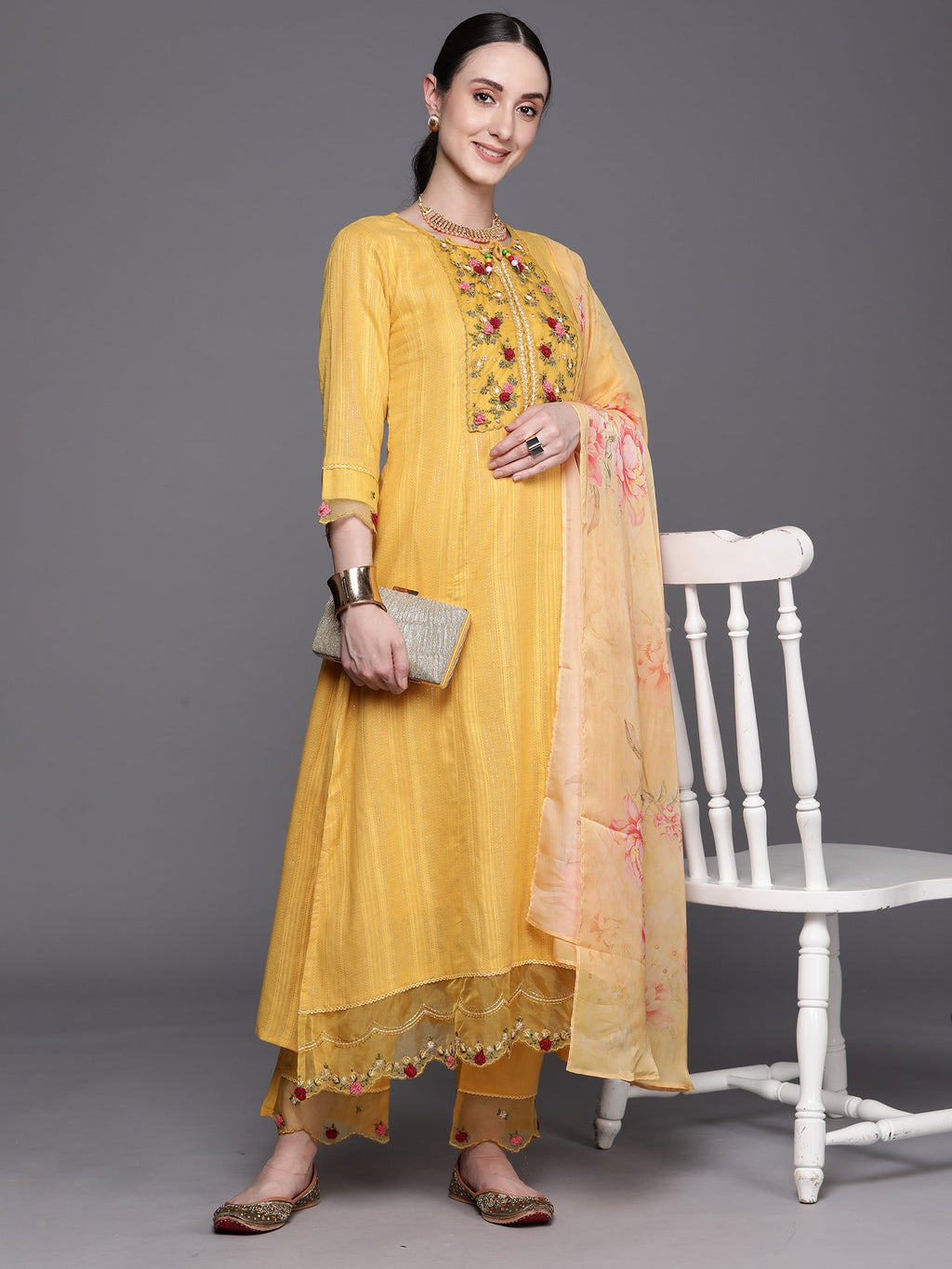 Indo Era Yellow Embroidered A-Line Kurta Trousers With Dupatta Set