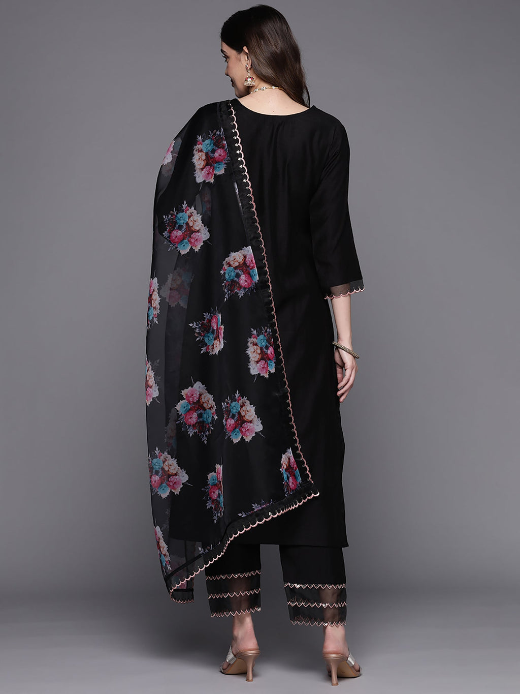 Indo Era Black Embroidered Straight Kurta Trousers With Dupatta Set