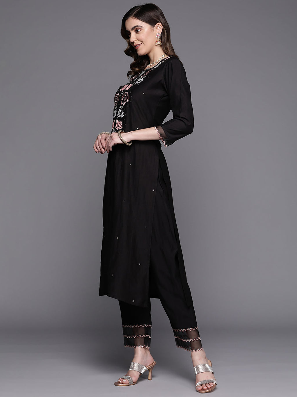 Indo Era Black Embroidered Straight Kurta Trousers With Dupatta Set