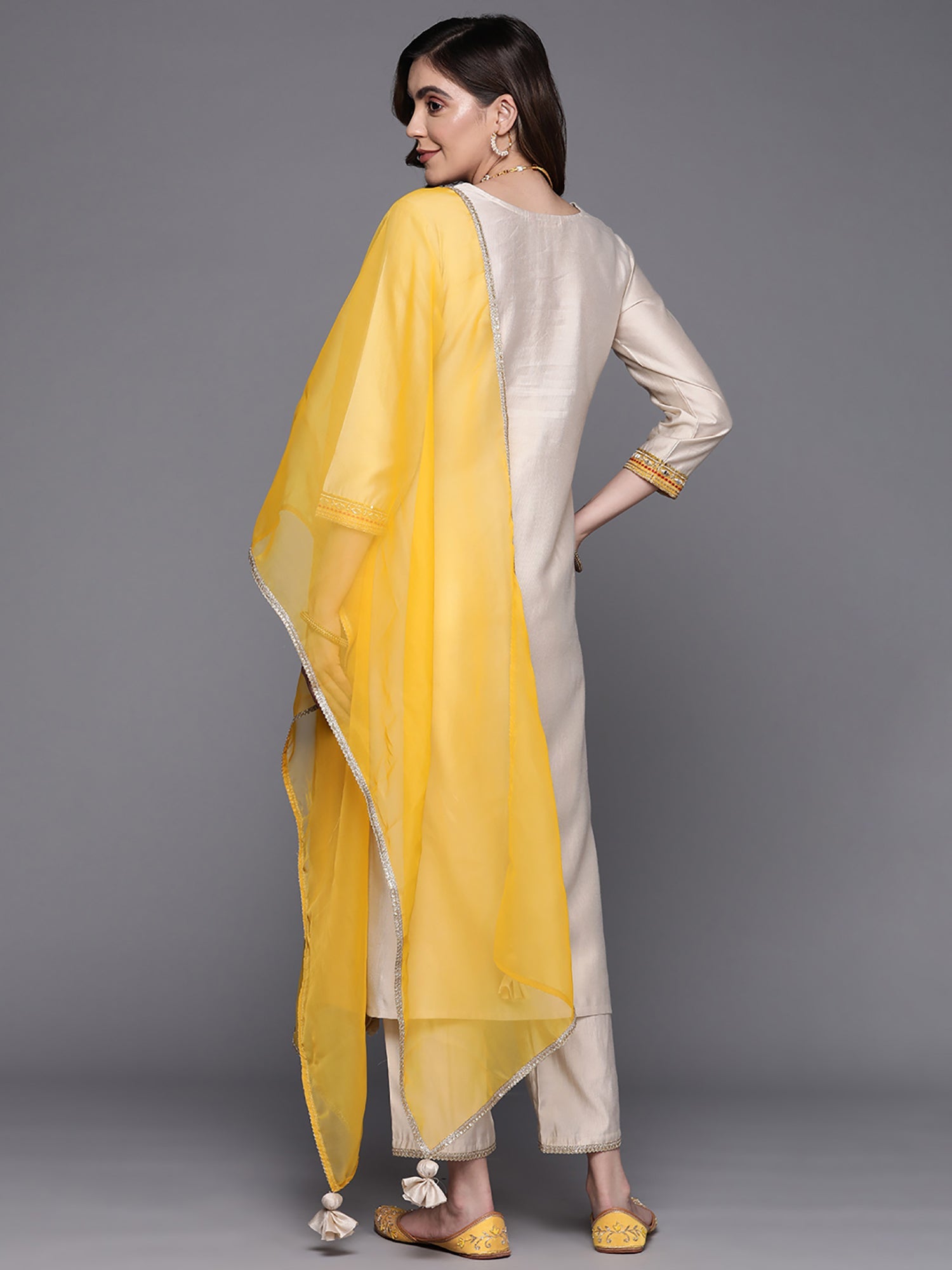 Indo Era Off White Embroidered Straight Kurta Trousers With Dupatta Set