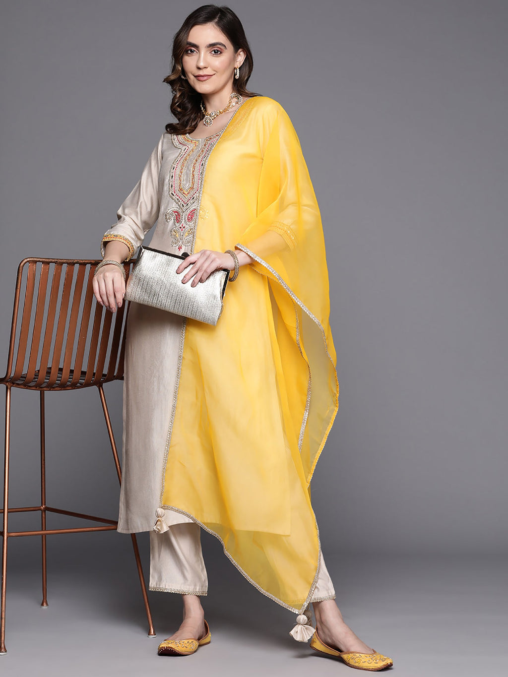 Indo Era Off White Embroidered Straight Kurta Trousers With Dupatta Set