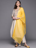 Indo Era Off White Embroidered Straight Kurta Trousers With Dupatta Set
